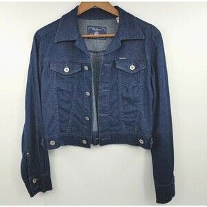 Vtg Pepe Jeans London Jacket Womens Medium Blue Metallic Cropped Sparkle Y2K